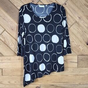 Susan Graver Tunic Top Womens Medium Asymmetrical Polka Dot Black White